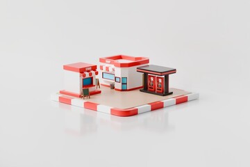 3d convenience store gas station icon. roadside retail concept. minimal cartoon shop fuel pumps canopy for locator app. isolated on white transparent background. 3d render. © Theeraphat