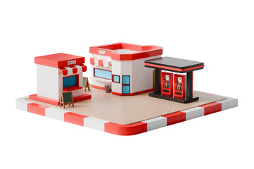 3d convenience store gas station icon. roadside retail concept. minimal cartoon shop fuel pumps canopy for locator app. isolated on white transparent background. 3d render. © Theeraphat