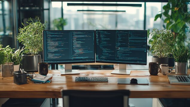 A bright wooden office desk features two large computer monitors displaying complex lines of code surrounded by numerous lush green potted indoor plants
