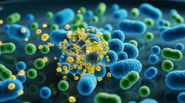 Microscopic view of bacteria and viruses in various shapes and sizes