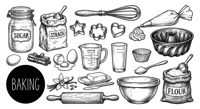 Baking ingredient and kitchen utensil set in vintage sketch style