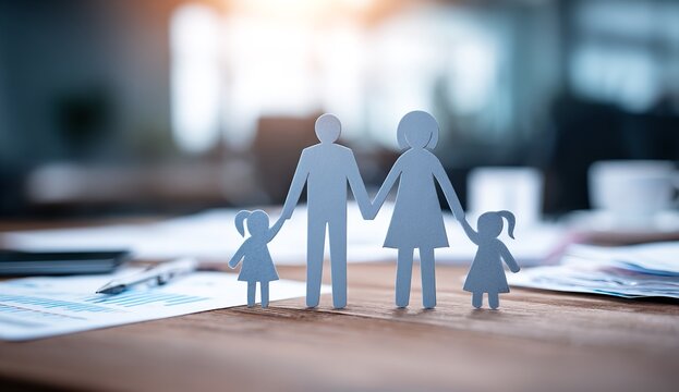 Paper silhouettes of a family unit stand together on a rustic wooden table surface with blurred financial documents and complex charts in the background