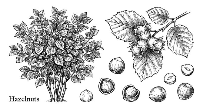 Hazelnut nut tree branch hand drawn sketch vintage botanical engraving