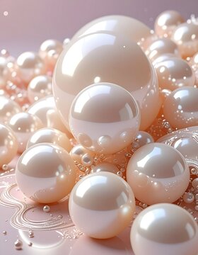 Lustrous, creamy pearls in various sizes, clustered with a pink background