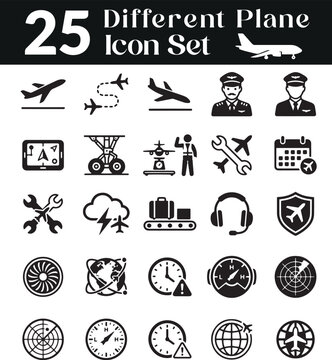 A diverse collection of 25 black and white airplane and aviation icons, perfect for travel, transport, and logistics concepts.