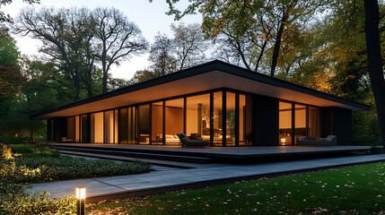 Obraz premium A modern house with large windows and a spacious deck surrounded by trees and a well-manicured lawn in a serene natural setting