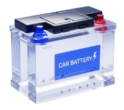 Car battery with blue and red terminals, clear plastic casing