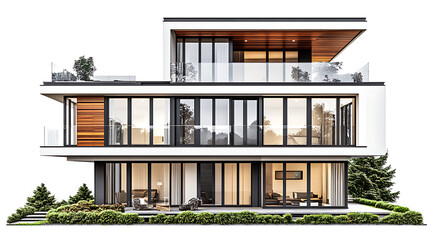 Fototapeta premium A modern multi-story house with large windows and a balcony on a white background