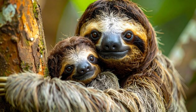 Two sloths a mother cradles her baby, both gazing forward. Tropical foliage fills background