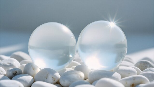 Two glowing crystal spheres resting on white pebbles, bathed in soft light, expressed serenity and purity, used for meditation or spa design.