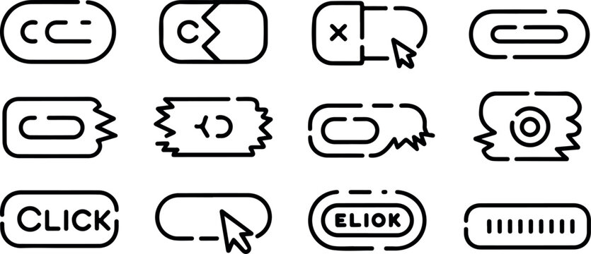 Set of unique click button and toggle switch icons with various shapes and pointer interactions.