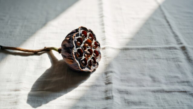 Dried lotus pod resting on linen fabric, bathed in soft sunlight, expressing tranquility and natural decay.