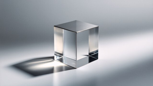 Transparent glass cube with sharp edges and reflective surfaces, casting a crisp shadow on soft gray background, expressed minimalism and modern elegance.