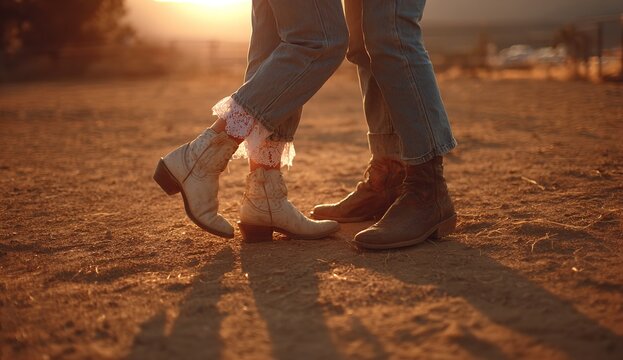 Two people wearing rugged denim jeans and weathered leather cowboy boots stand close together on a dusty ranch ground during a warm and hazy sunset