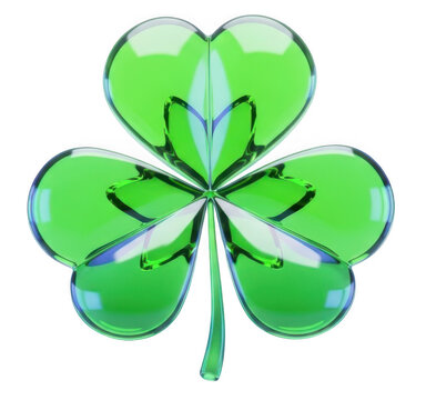 Shiny green four leaf clover, luck symbol, isolated on white background, St. Patrick's Day
