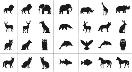 Collection of diverse animal silhouettes representing wildlife and nature including majestic lions elephants rhinos giraffes deer bears rabbits foxes wolves owls dolphins eagles © Kamola