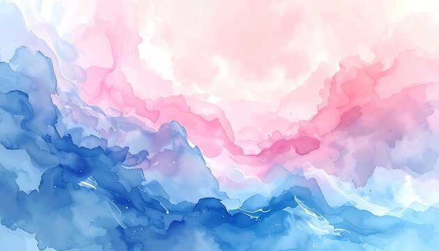 Watercolor wash with pink and blue blends creating a soft, flowing ethereal abstract landscape