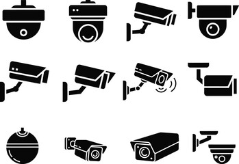 Assortment of security camera icons with dome camera with bullet camera with turret camera with black and whit © Al