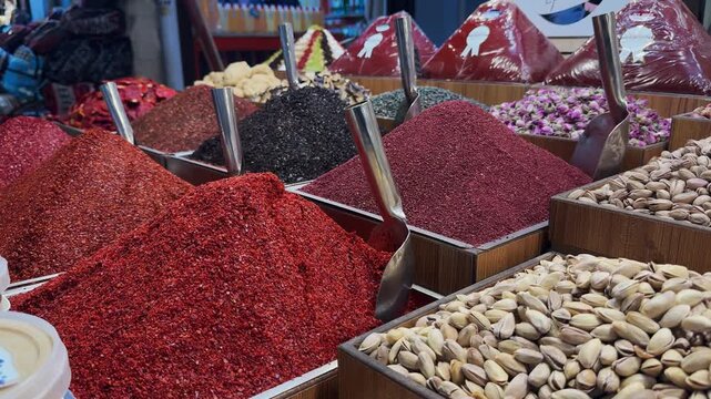 Asia, Turkey, Gaziantep, Medina, Spice market, spice shops in the old bazaar. various colorful spices