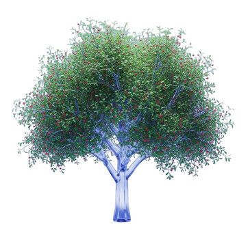 Vibrant blue tree with lush green leaves and red berries on white background
