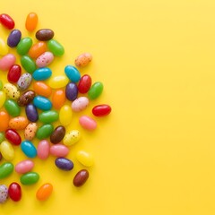 Obraz premium Vibrant Assorted Jelly Beans in Various Colors and Patterns on Yellow Background