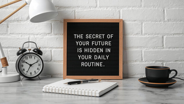 A motivational letter board display revealing the profound secret to unlocking a successful future through consistent daily routines, inspiring productivity and mindful habits.