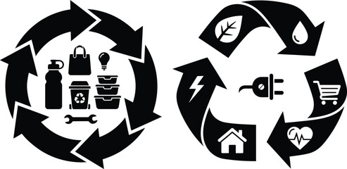 Fototapeta premium Two circular recycling symbols with various representing sustainability and energy conservation... tools