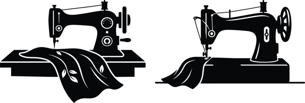Two black silhouette of vintage sewing machines with fabric draped over the table and needle in position