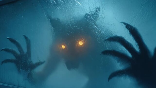 Shadowy creature approaches a glass door at night, revealing glowing eyes and claws