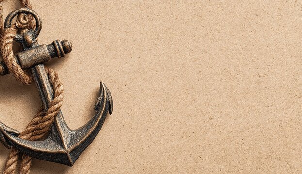 A rustic vintage metal anchor rests on a grainy tan surface with a thick natural fiber rope winding through its ring and around its weathered iron shank