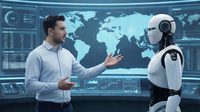 Tech professional explaining data to humanoid robot in high-tech control center. Artificial intelligence integration and human-robot collaboration concept.