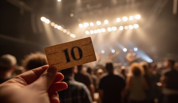 A hand holds a small brown cardboard ticket printed with the number ten in front of a blurry concert stage illuminated by many bright glowing spotlights
