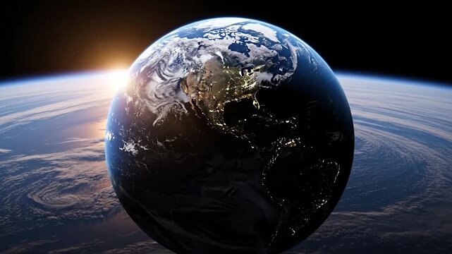 Realistic 3D Planet Earth from Space with Sunrise