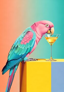 Vibrant pink parrot perched on colorful block drinking cocktail
