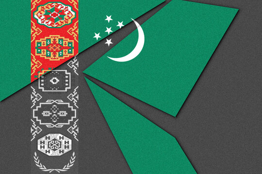 Abstract Composition of Turkmenistan Flag Elements with Traditional Rug Patterns and National Symbols on a Textured Background