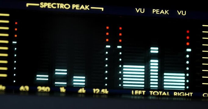 Pan tracking video of audio spectrum analyzer display showing fluctuating sound levels with blue and red indicators. Macro close up, real time, no people