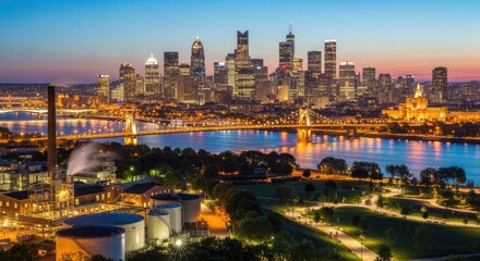 Naklejka premium City skyline at dusk illuminated buildings and river landscape