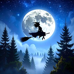Naklejka premium Witch silhouette flies on a broomstick across a full moon in a forested night scene