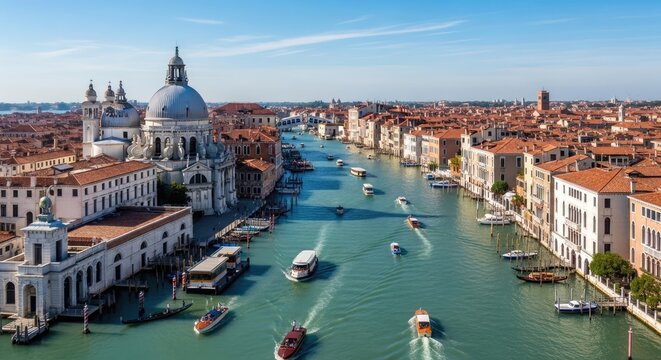 Scenic waterway with boats buildings and blue sky during daylight hours