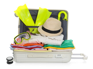 Open suitcase full of belongings isolated on white © New Africa