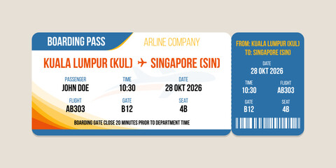 Realistic illustration of airplane ticket boarding pass with passenger name and destination. Concept of travel, journey or business trip.