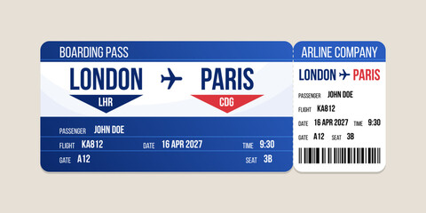 Realistic illustration of airplane ticket boarding pass with passenger name and destination. Concept of travel, journey or business trip.
