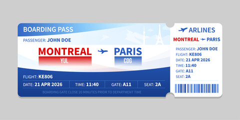 Realistic illustration of airplane ticket boarding pass with passenger name and destination. Concept of travel, journey or business trip.