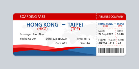 Realistic illustration of airplane ticket boarding pass with passenger name and destination. Concept of travel, journey or business trip.