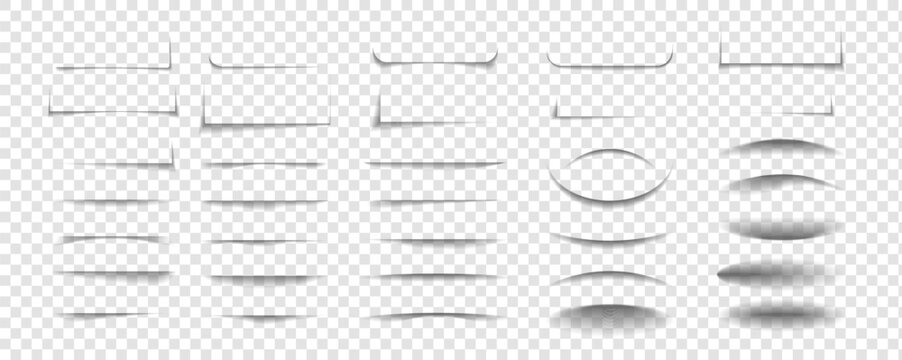 Collection of transparent shadow effects. Realistic black shadows from paper or box shapes. Square and rectangular shadow stripes isolated on transparent background. Vector illustration.