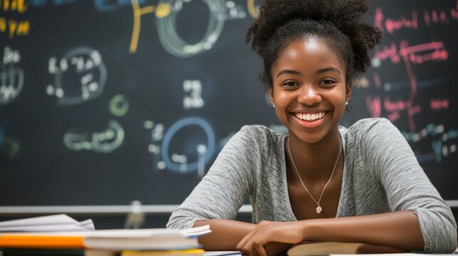 Happy student smiles in classroom, chalkboard background, education