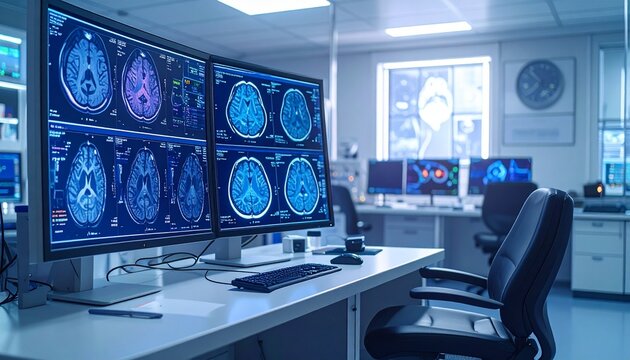 Medical monitors displaying brain scans and data analytics in hospital lab, advanced imaging technology, neuroscience research, high detail, clinical environment