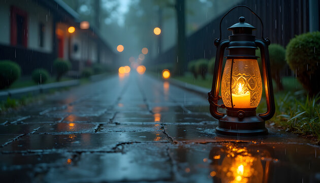 Ornate candle lantern on wet cobblestone path in rain