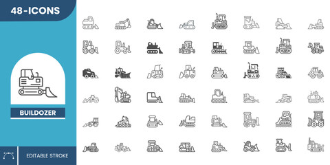 Bulldozer Icon Set – Editable Vector Icons for Construction Machinery, Heavy Equipment, Earthmoving and Engineering Projects. © Sajjad