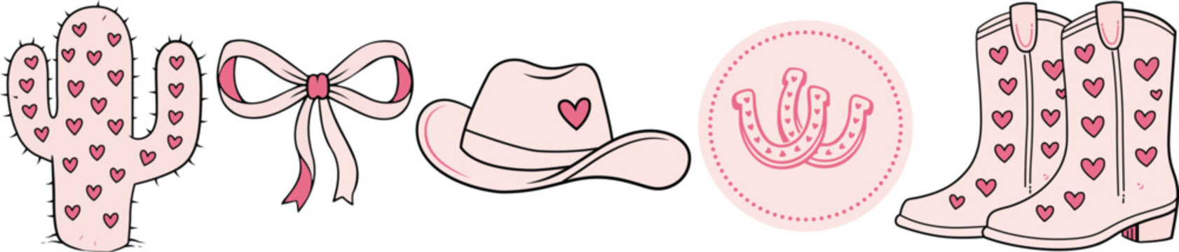 Western Valentine Vector Clipart Set with Cactus, Cowboy Boots and Pink Cowgirl Elements
